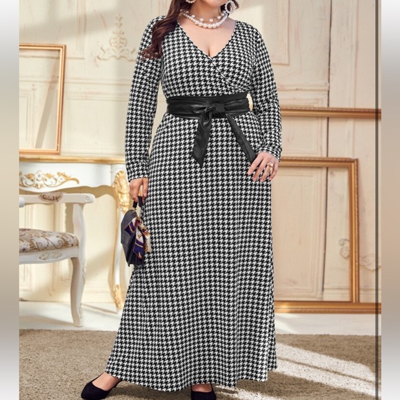 Houndstooth Pattern Belted Maxi Shirt Dress main image 0
